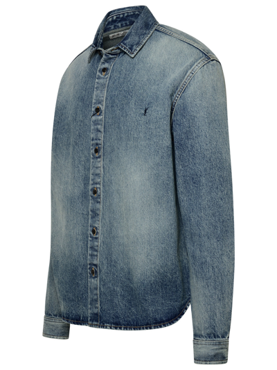 Shop Saint Laurent Man 'cassandre' Blue Cotton Shirt