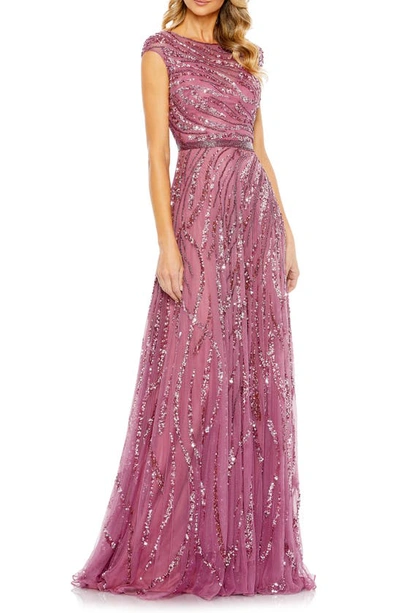 Mac Duggal Sequined Cap Sleeve Boat Neck Gown In Plum