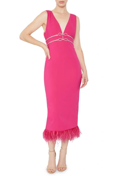 Likely Corianne Feather Trim Empire Waist Midi Dress In Fuschia