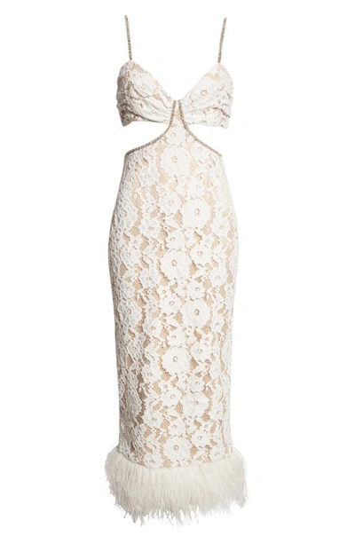 Shop Likely Sarah Cutout Lace Feather Trim Maxi Dress In White