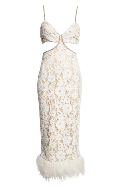 Likely Sarah Cutout Lace Feather Trim Maxi Dress In White