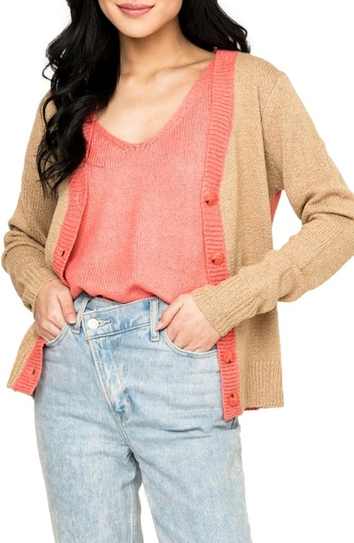 Gibsonlook Gigi Colorblock Cardigan In Natural Coral Rose