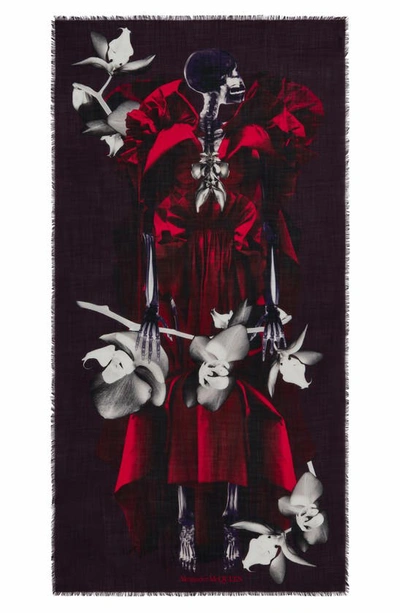 Shop Alexander Mcqueen Skeleton Orchid Wool Scarf In 5074 Nightshade/ Red