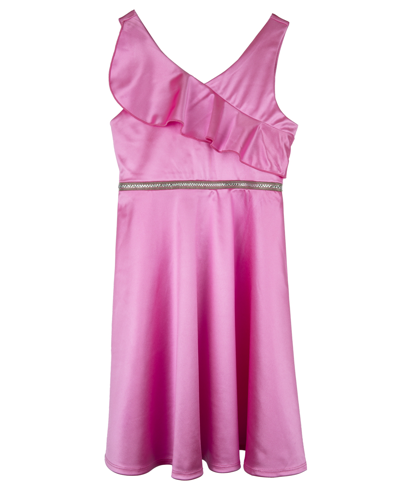Shop Emerald Sundae Big Girls Ruffle Satin Rhinestone Waist Dress In Doll Pink