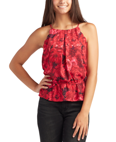 Shop Bcx Juniors' Rose-print Scalloped-edge Sleeveless Top In Red Floral