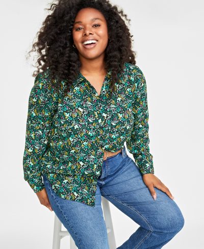 On 34th Trendy Plus Size Button-front Crepe Shirt, Created For Macy's In Bijou Blue Combo