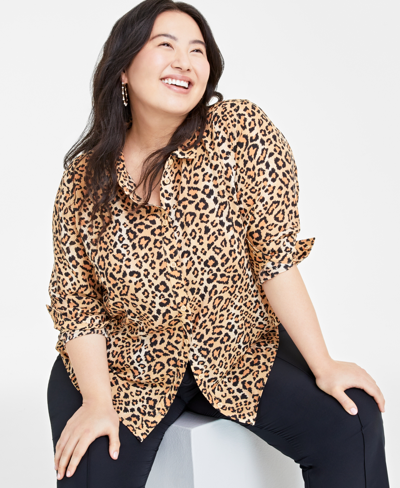 On 34th Trendy Plus Size Button-front Crepe Shirt, Created For Macy's In Bijou Blue Combo