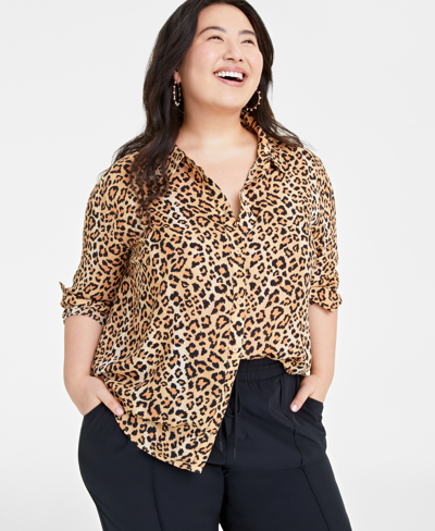 On 34th Trendy Plus Size Button-front Crepe Shirt, Created For Macy's In Bijou Blue Combo
