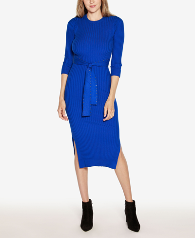Shop Belldini Black Label Sweater Dress With Embellished Waist Tie In Cobalt,pewter