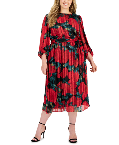 Shop Anne Klein Plus Size Printed Puff-sleeve Dress In Anne Black,titian Red