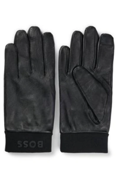 Shop Hugo Boss Leather Gloves With Branding And Touchscreen-friendly Fingertips In Black