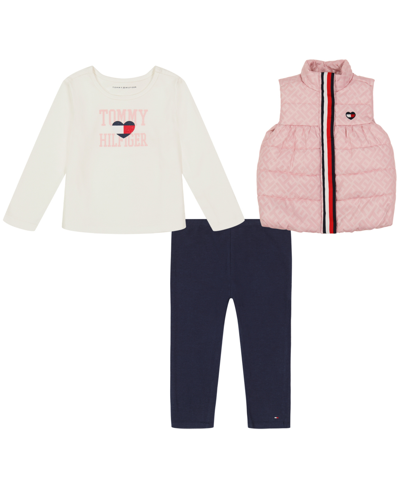 Shop Tommy Hilfiger Baby Girls Puffer Vest, Long Sleeve Logo T-shirt And Leggings, 3-piece Set In Pink