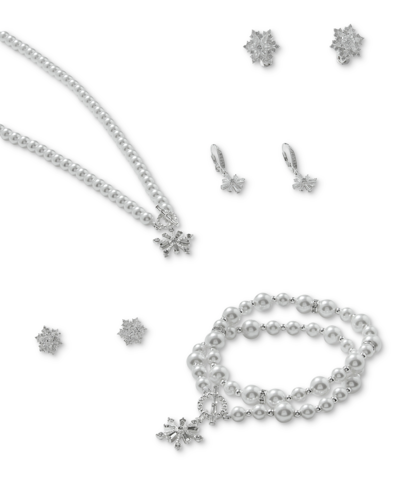 Shop Anne Klein Silver-tone Crystal Snowflake Imitation Pearl Pendant Necklace, 16" + 3" Extender
