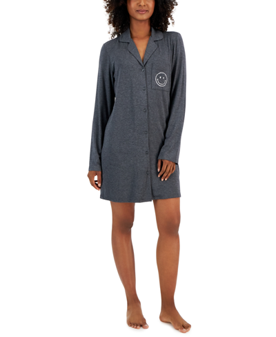 Shop Jenni Women's Notched-collar Long-sleeve Sleepshirt, Created For Macy's In Smiley