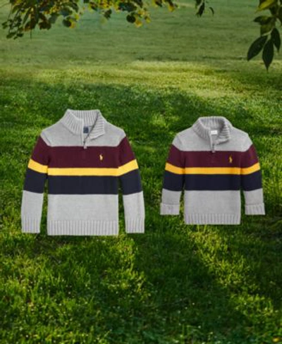 Shop Polo Ralph Lauren Baby Toddler Little Boys Matching Striped Cotton Quarter Zip Sweater In Andover Heather Multi