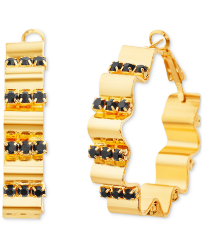 Shop Kensie Gold-tone Black Rhinestone Wavy Medium Hoop Earrings, 1.6" In Open Misce