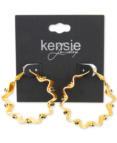Shop Kensie Gold-tone Black Rhinestone Wavy Medium Hoop Earrings, 1.6" In Open Misce