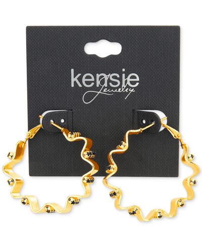 Kensie Gold-tone Black Rhinestone Wavy Medium Hoop Earrings, 1.6" In Open Misce