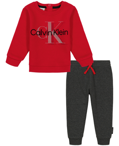 Shop Calvin Klein Baby Boys Fleece Logo Crewneck And Drawstring Joggers, 2 Piece Set In Red