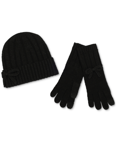 Shop Kate Spade Women's Metallic Bow Beanie & Gloves Boxed Set In Black