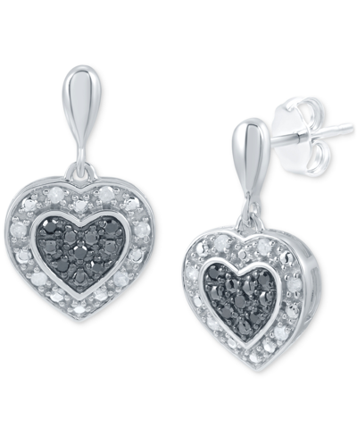 Macy's Black & White Diamond Heart Drop Earrings (1/6 Ct. T.w.) In Sterling Silver In Sterling Silver