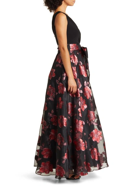 Shop Eliza J Floral Jacquard Faux Wrap Ballgown In Red Black