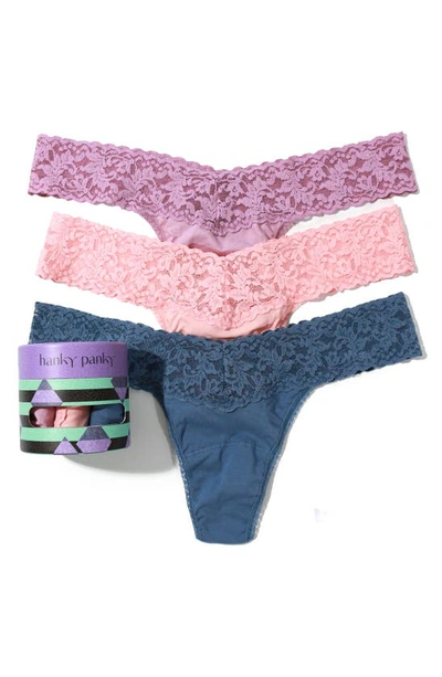 Shop Hanky Panky Holiday Assorted 3-pack Low Rise Cotton Thongs In Lavendar/ Pink/ Blue