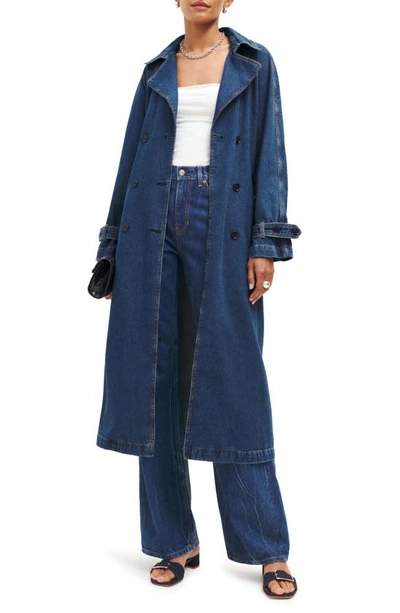 Shop Reformation Hayes Belted Organic Cotton Denim Trench Coat In Estes
