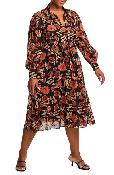 Shop Estelle Autumnal Garden Long Sleeve Midi Dress In Coral Print