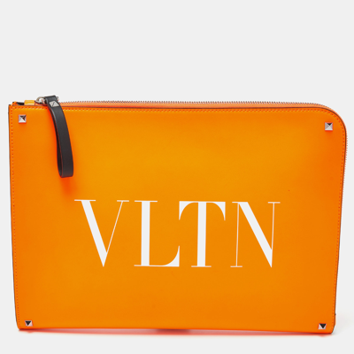 Pre-owned Valentino Garavani Neon Orange Leather Vltn Document Case