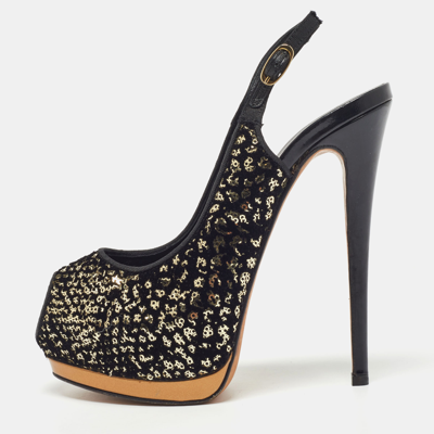 GIUSEPPE ZANOTTI Pre-owned Guiseppe Zannotti Black/gold Sequins And Velvet Peep Toe Slingback Platform Sandals Size 37