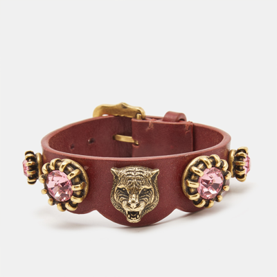 Pre-owned Gucci Feline Crystals Gold Tone Leather Bracelet In Burgundy