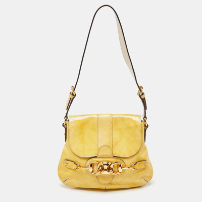 Pre-owned Gucci Yellow Patent Leather Wave Flap Bag