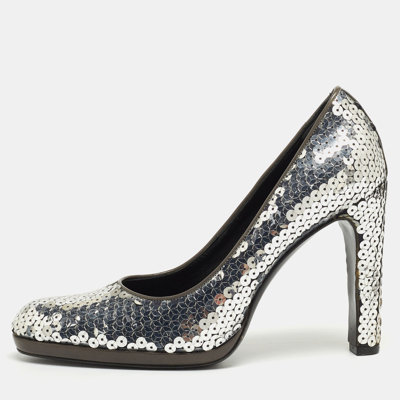 Pre-owned Miu Miu Silver Sequin Round Toe Pumps Size 37