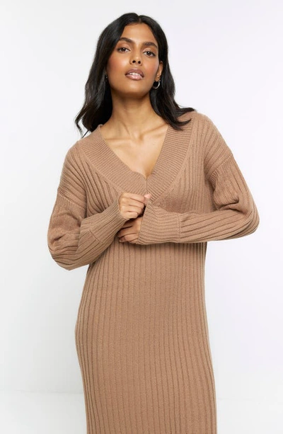 Shop River Island Dawn Long Sleeve Rib Midi Sweater Dress In Brown