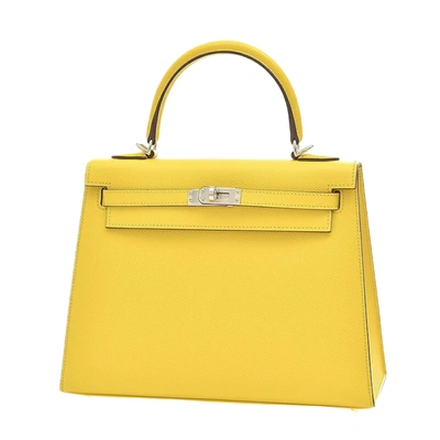 Shop Hermes Hermès Kelly 25 Yellow Leather Handbag ()