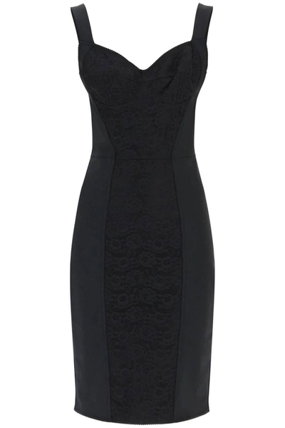 Shop Dolce & Gabbana Corset-style Midi Dress In Powernet And Lace In Black