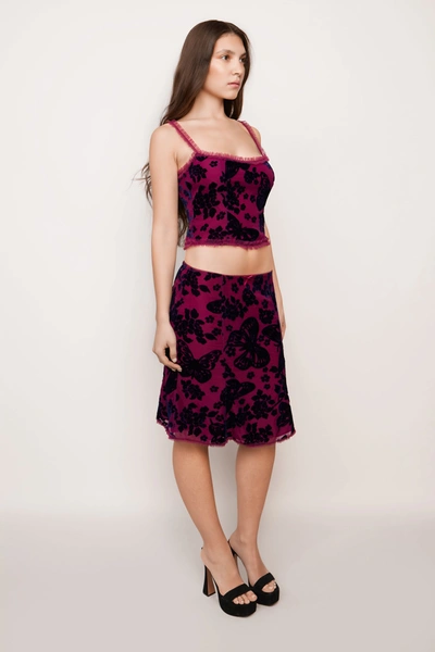 Shop Danielle Guizio Ny Butterfly Velvet Burnout Low Rise Midi Skirt In Magenta