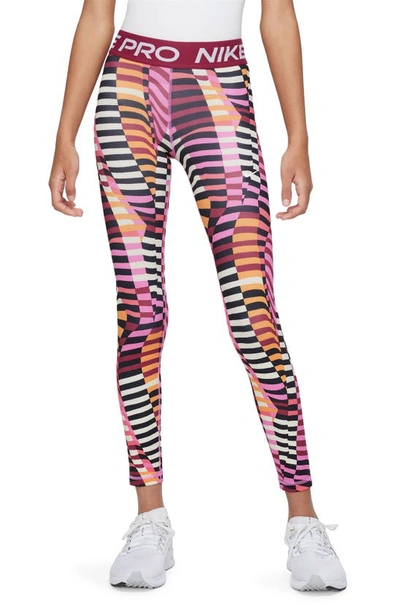 Shop Nike Kids' Allover Print Dri-fit Sport Leggings In Playful Pink/ Noble Red/ White