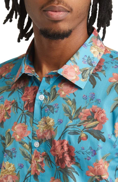 Shop Good Man Brand Big On-point Short Sleeve Organic Cotton Button-up Shirt In Burnt Brick Decadent Bloom