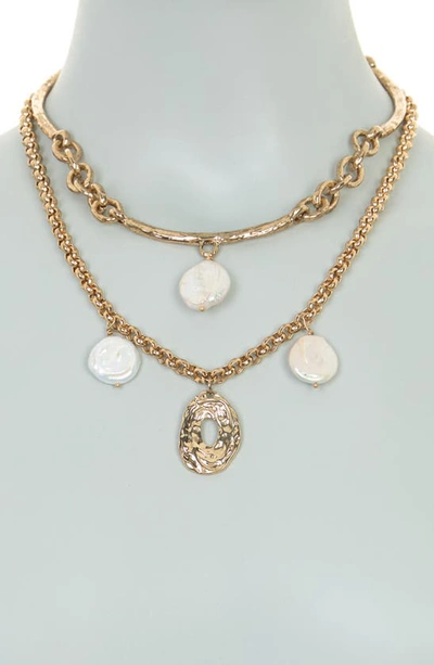 Shop Natasha Shell Layered Necklace In Antique Gold