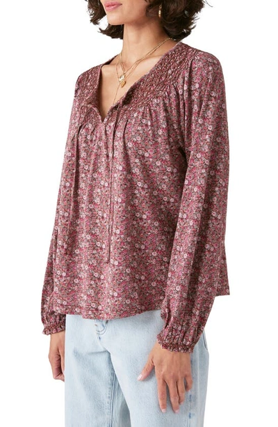 Shop Lucky Brand Smock Notch Neck Long Sleeve Cotton Blend Blouse In Brown Multi