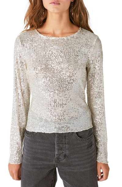 Shop Lucky Brand Sequin Long Sleeve Knit Top In Champagne