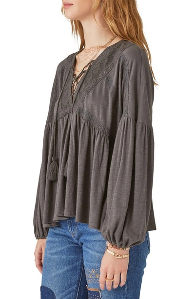 Shop Lucky Brand Lace-up Trim Peasant Top In Raven