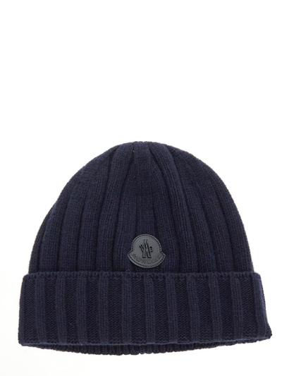 Shop Moncler Logo Patch Knit Beanie Hat In Blue