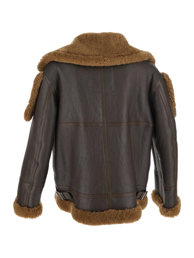 Shop Burberry Shearling Aviator Jacket In Brown