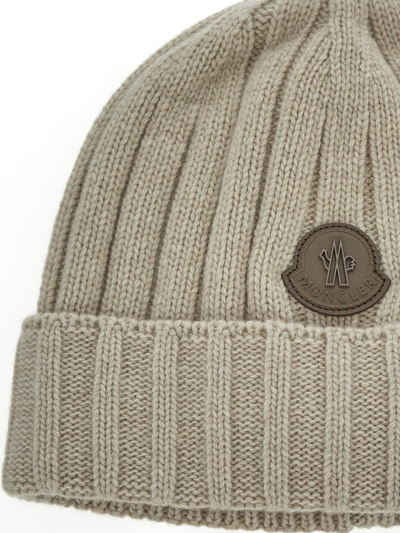 Shop Moncler Logo Patch Knit Beanie Hat In Beige