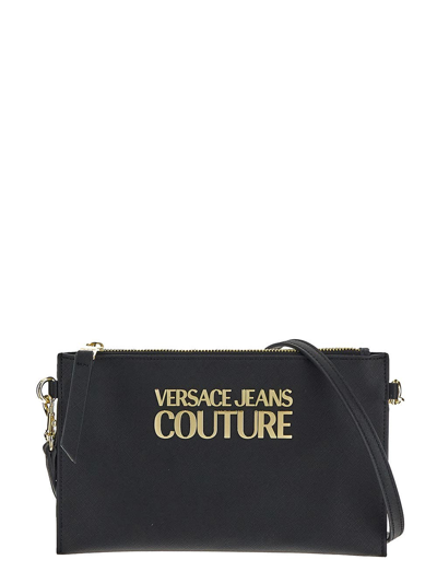 Shop Versace Jeans Couture Metallic Logo Clutch Bag In Black