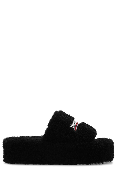 Shop Balenciaga Logo Embroidered Furry Platform Sandals In Black