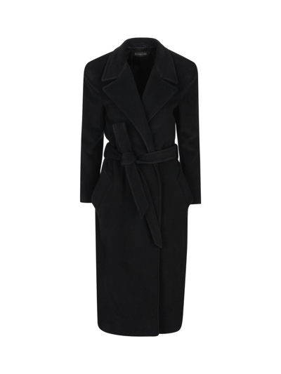 Shop Balenciaga Belted Long Coat In Black